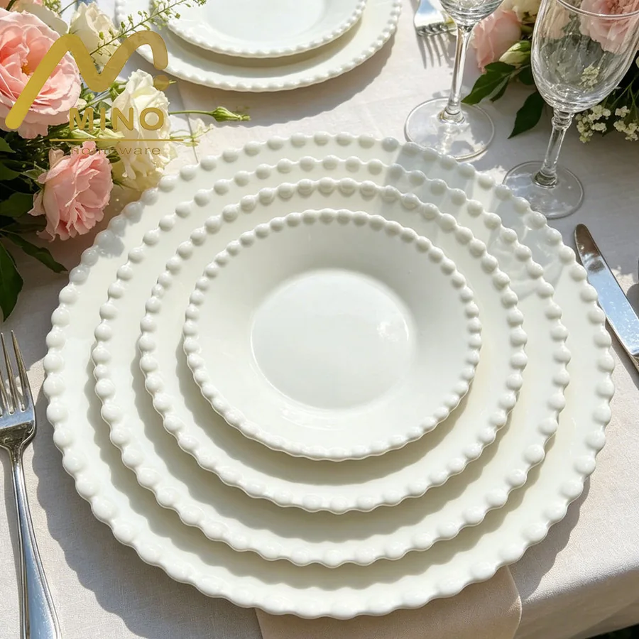 White Ceramic Dinnerware Set with Beaded Rim