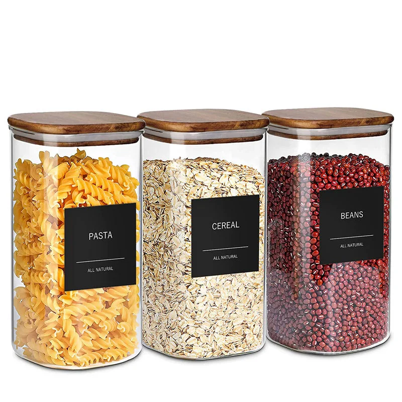 Labeled Glass Storage Jars with Wooden Lids