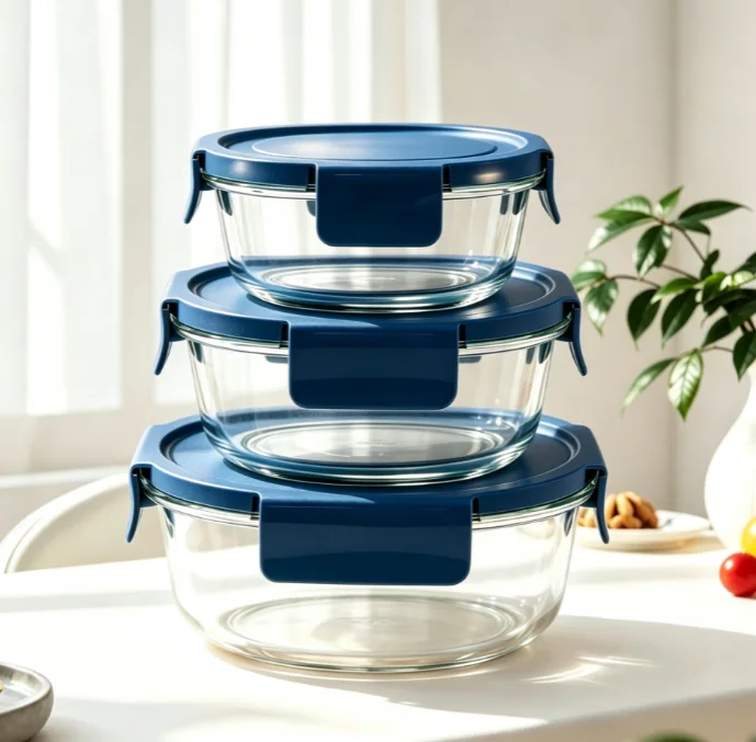 Glass Food Storage Containers with Blue Lids
