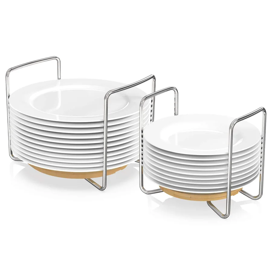 Metal Plate Storage Rack with Wooden Base